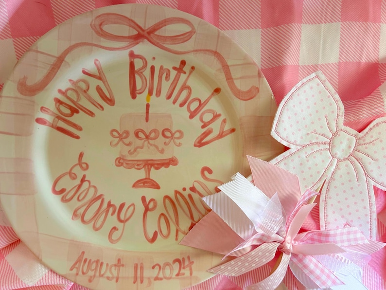 Personalized Birthday Plate, Hand-Painted Ceramic Heirloom bows, gingham and pedestal cake bild 7
