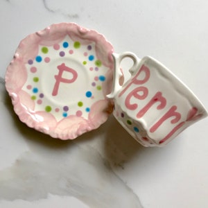 Polka Dots Personalized Child's Sized Handpainted Tea Cup and Saucer, Tea Party Favor image 5