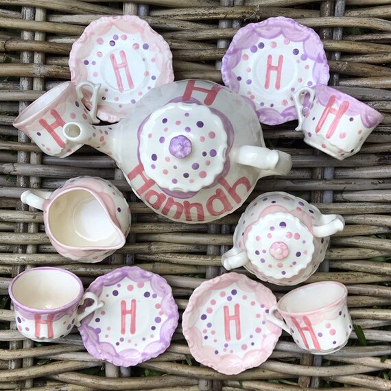 Personalized monogram Little Girl's Tea Set // Hand Painted // teapot, creamer, sugar bowl, 4 cups and saucers // pink and purple Il_570xn