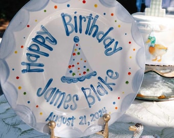 Personalized Boys Birthday Plate: Hand-Painted Ceramic Party Hat colorful dots