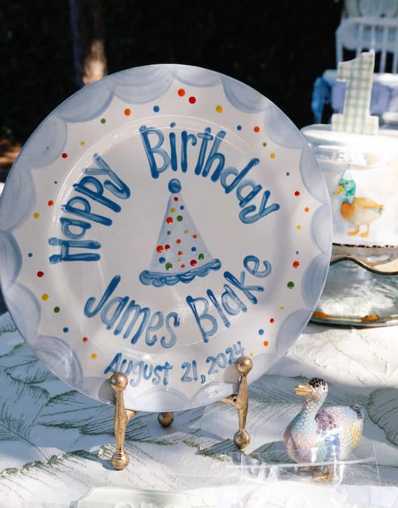 Personalized Boys Birthday Plate: Hand-Painted Ceramic Party Hat colorful dots