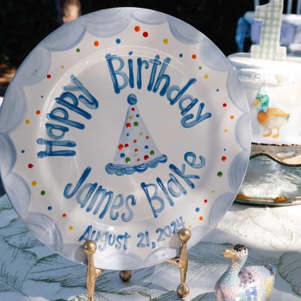 Personalized Boys Birthday Plate: Hand-Painted Ceramic Party Hat colorful dots
