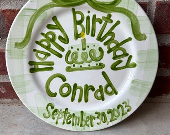 Boys preppy birthday plate // green gingham and ribbon // first birthday // green  white // smash cake // 1st birthday // grand millennial