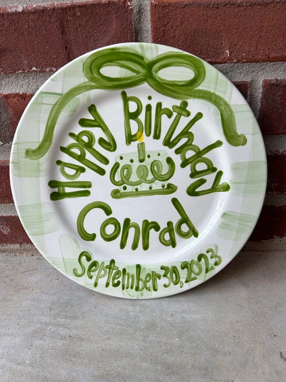 Boys preppy birthday plate // green gingham and ribbon // first birthday // green  white // smash cake // 1st birthday // grand millennial