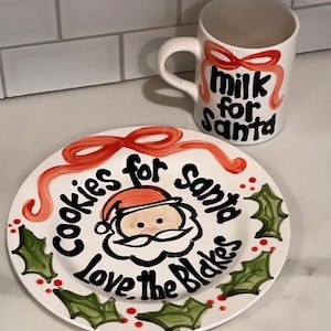 Holly and Ribbon Cookies and milk for Santa personalized plate & mug / Christmas Plate