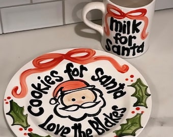 Holly and Ribbon Cookies and milk for Santa personalized plate & mug / Christmas Plate