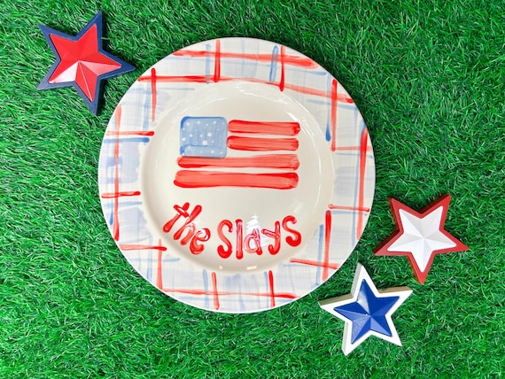 Personalized Patriotic USA Flag Plate or Platter: Hand-painted Ceramic Red White and Blue gingham 4th of July America 250
