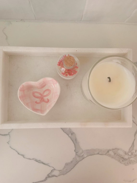 Gingham blue and white or pink and white  gingham and bows ceramic heart trinket dish // preppy // grand millennial