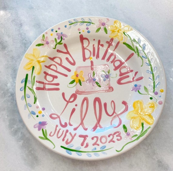 Birthday Plate // wildflowers whimsical Girls Personalized First Birthday Plate Plate, Custom handpainted, baby gift
