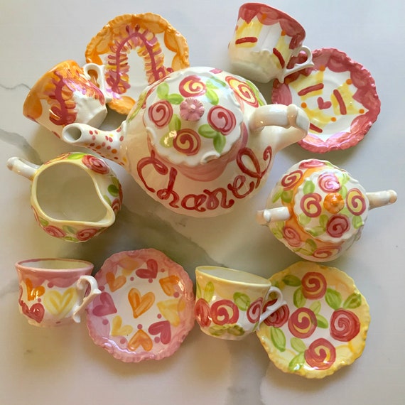 Fancy Pink, Yellow, orange Tea Set Personalized Little Girl's Child's Tea Set & 4 Tea Cups ...Ooh la la...hats, boas, shoes, tiaras and more Il_570xn