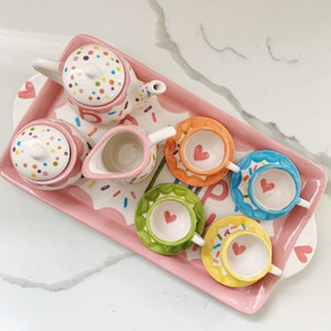Personalized Ceramic Tea Set: Pink Rainbow Sprinkles, First Birthday