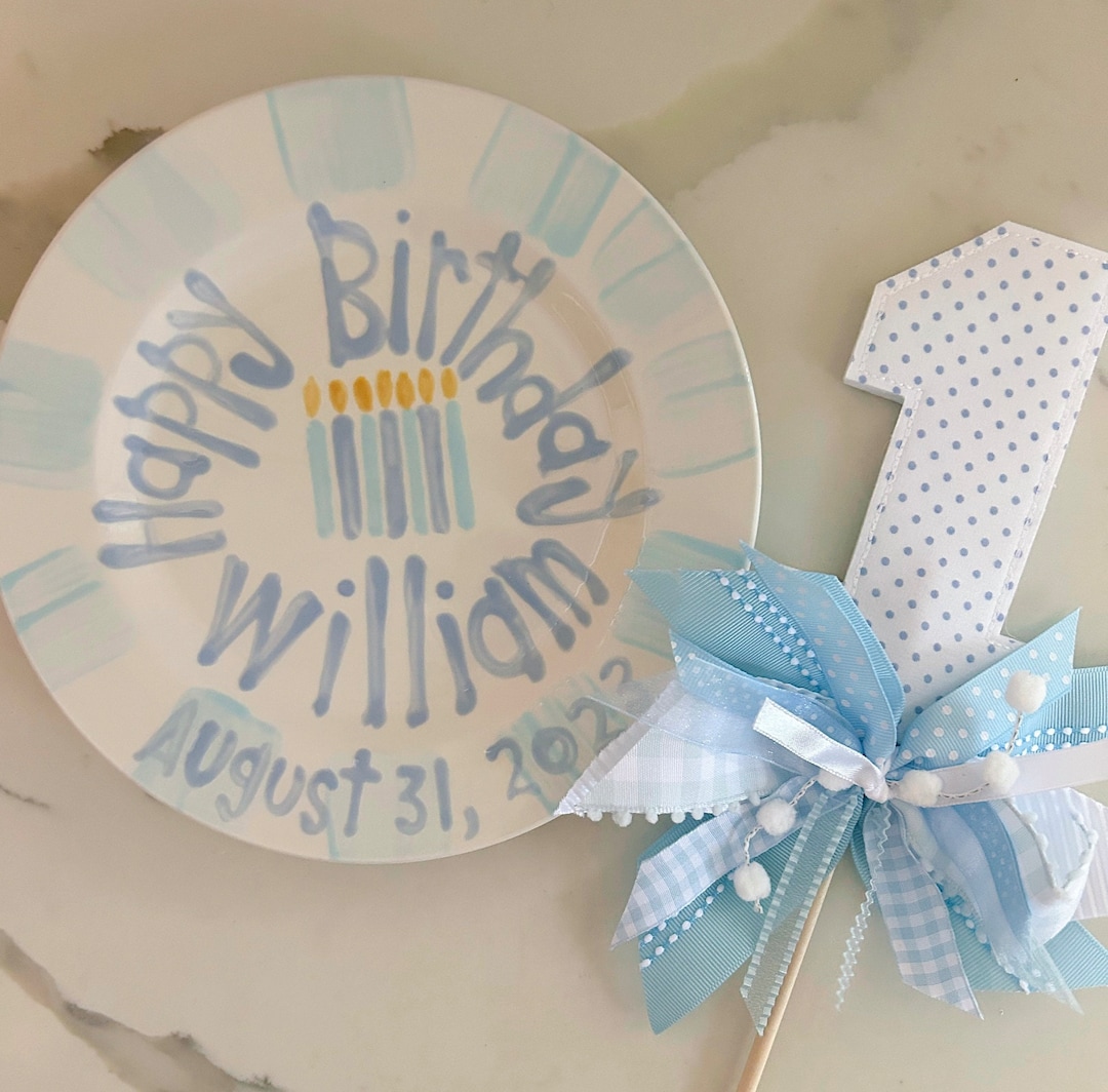 Hand-painted Boy's Birthday Plate: Blue Stripes & Candles - Etsy