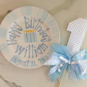 Hand-Painted Boy's Birthday Plate: Blue Stripes & Candles