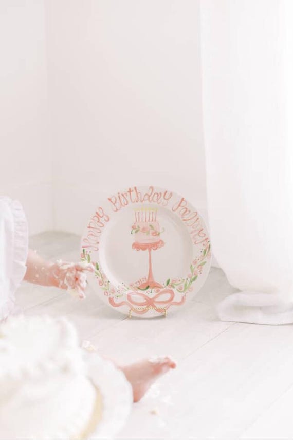 Birthday Plate // Flowers, ribbons and bows Personalized First Birthday Plate, baby girl Custom handpainted, Preppy coquette