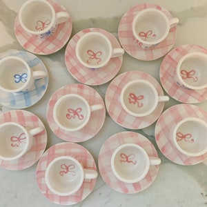 Gingham and ribbons // preppy Personalized Child's Sized Handpainted Tea Cup Party Favor // bows