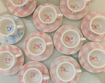 Gingham and ribbons // preppy Personalized Child's Sized Handpainted Tea Cup Party Favor // bows