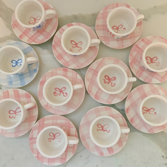 Gingham and bow ribbons // preppy Personalized Child's Sized Handpainted Tea Cup Party Favor // bows pink blue bow party