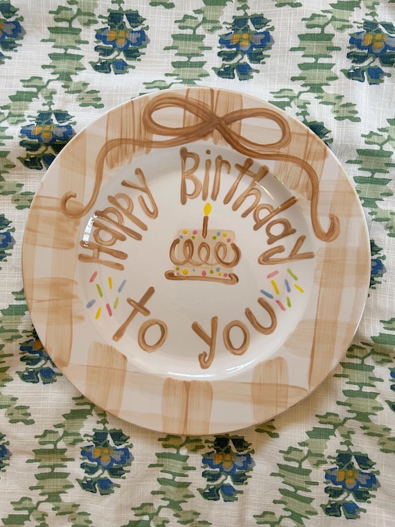 Hand-Painted Tan Gingham Birthday Plate, Heirloom Ceramic