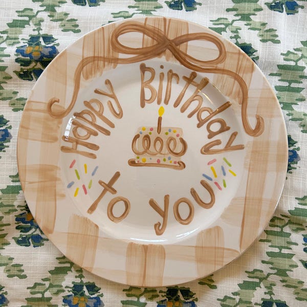 Hand-Painted Tan Gingham Birthday Plate, Heirloom Ceramic