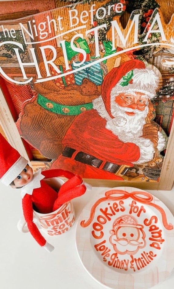 Personalized Santa Plate and Mug Set: Hand-Painted Red and Pink Christmas Eve Cookies Milk