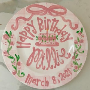 Girls preppy birthday plate // pink gingham and ribbon // first birthday // pink and white // smash cake // 1st birthday // grand millennial image 6