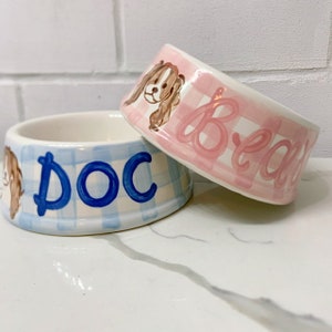 Personalized puppy face dog bowl // preppy gingham //  handpainted // ceramic // puppy dish // 20 ounces