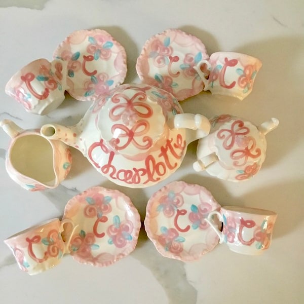 Rosebuds and Bows Little Girls Tea Party China Tea Set, Handpainted, Custom, Personalized