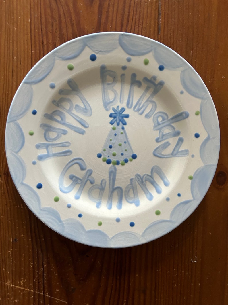 Boys birthday plate // blue scallops and party hat // first birthday // blue white // smash cake // 1st birthday // grand millennial preppy image 4