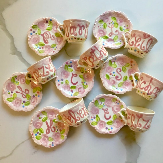 Tea Party Favors // Personalized Tea Cups Handpainted.. . . Happy Colorful Flowers . . Lovely for tea parties and showers. . . Il_570xn