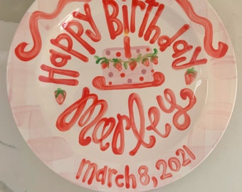 Strawberry Girls birthday plate // pink gingham ribbon // first birthday // pink and white // smash cake // 1st birthday // grand millennial