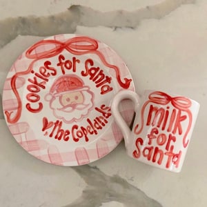 Pink and Red Gingham and Ribbon Cookies and milk for Santa personalized plate & mug / Christmas Plate