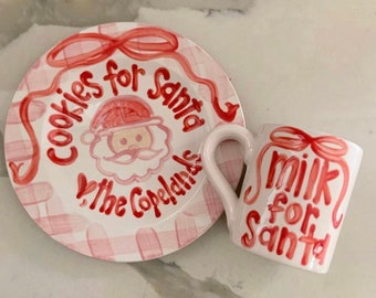 Pink and Red Gingham and Ribbon Cookies and milk for Santa personalized plate & mug / Christmas Plate