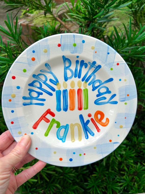 Boys gingham candles and polka dots birthday plate / hand painted / first birthday / blue and white // smash cake / 1st birthday colorful