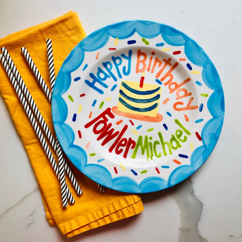 Boys Birthday Plate // Scallops & confetti Personalized First Birthday Plate, Custom handpainted // its your day // birthday cake image 1