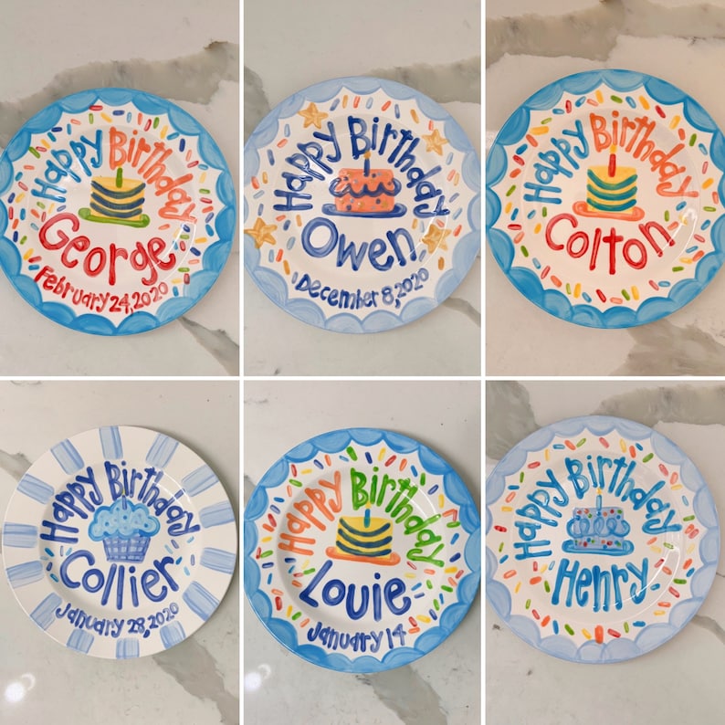 Boys Birthday Plate // Scallops & confetti Personalized First Birthday Plate, Custom handpainted // its your day // birthday cake image 2