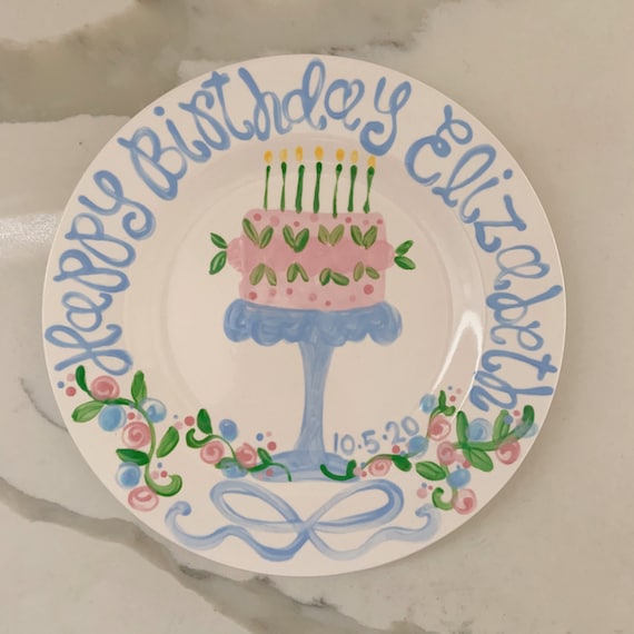Birthday Plate Flowers ribbons and bunny Personalized First