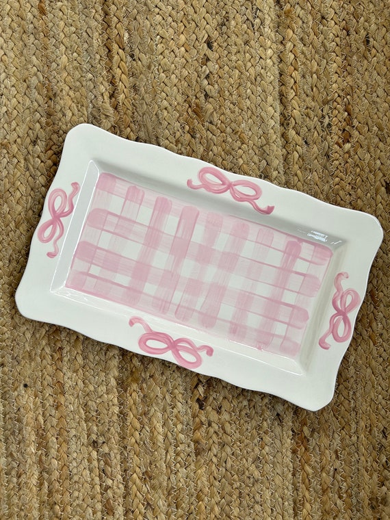 Hand-Painted Gingham Serving Tray: Pink Bow Decor