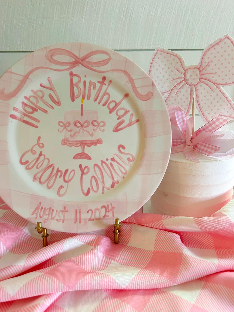 Personalized Birthday Plate, Hand-Painted Ceramic Heirloom bows, gingham and pedestal cake bild 4