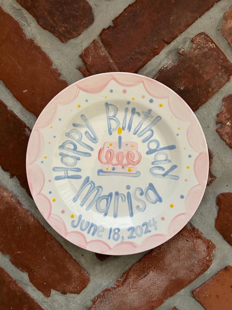 Girls Birthday Plate // Pastel Colors Scallops and dots Personalized First Birthday Plate Plate, Custom handpainted, ceramic kiln fired image 6
