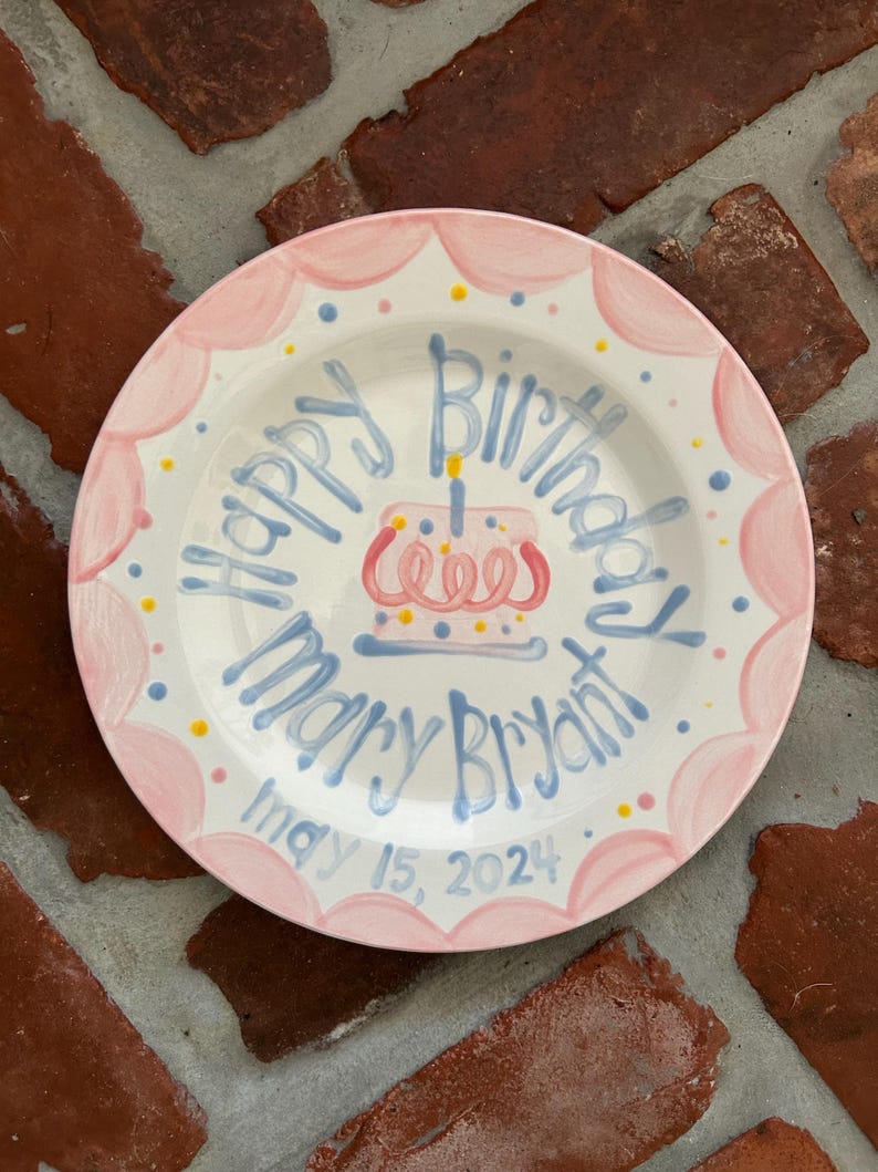 Girls Birthday Plate // Pastel Colors Scallops and dots Personalized First Birthday Plate Plate, Custom handpainted, ceramic kiln fired image 9
