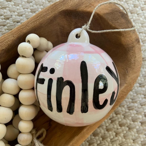 Name Gingham Christmas ceramic ornament / personalized First Christmas/ preppy grand millennial / blue and white personalized