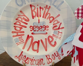 Hand-Painted Ceramic Birthday Plate: All American Boy, First Birthday