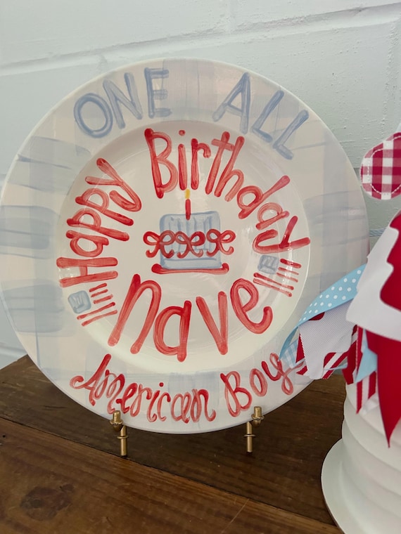 One All American boy girl  birthday plate // blue gingham and ribbon // first birthday  // smash session // 1st birthday // America