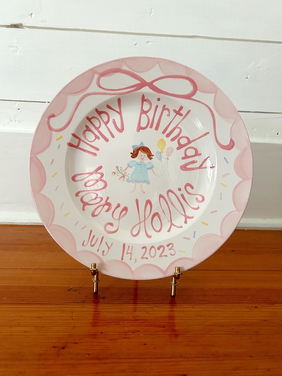 Girls birthday plate // portrait and balloons // first birthday // pink and white // smash cake // 1st birthday // grand millennial // bows