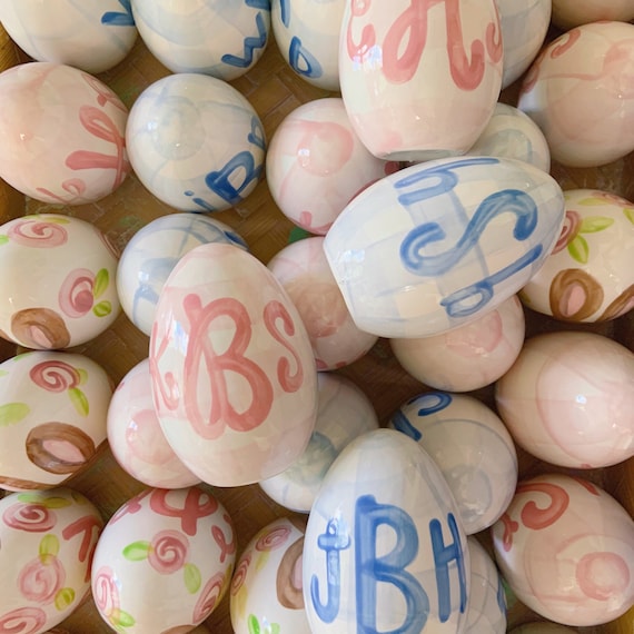 Personalized ceramic Easter eggs preppy gingham blue pink and white