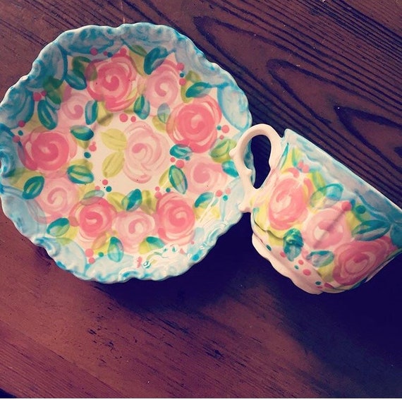 Personalized Tea Cup & Saucer, large size handpainted Il_570xn