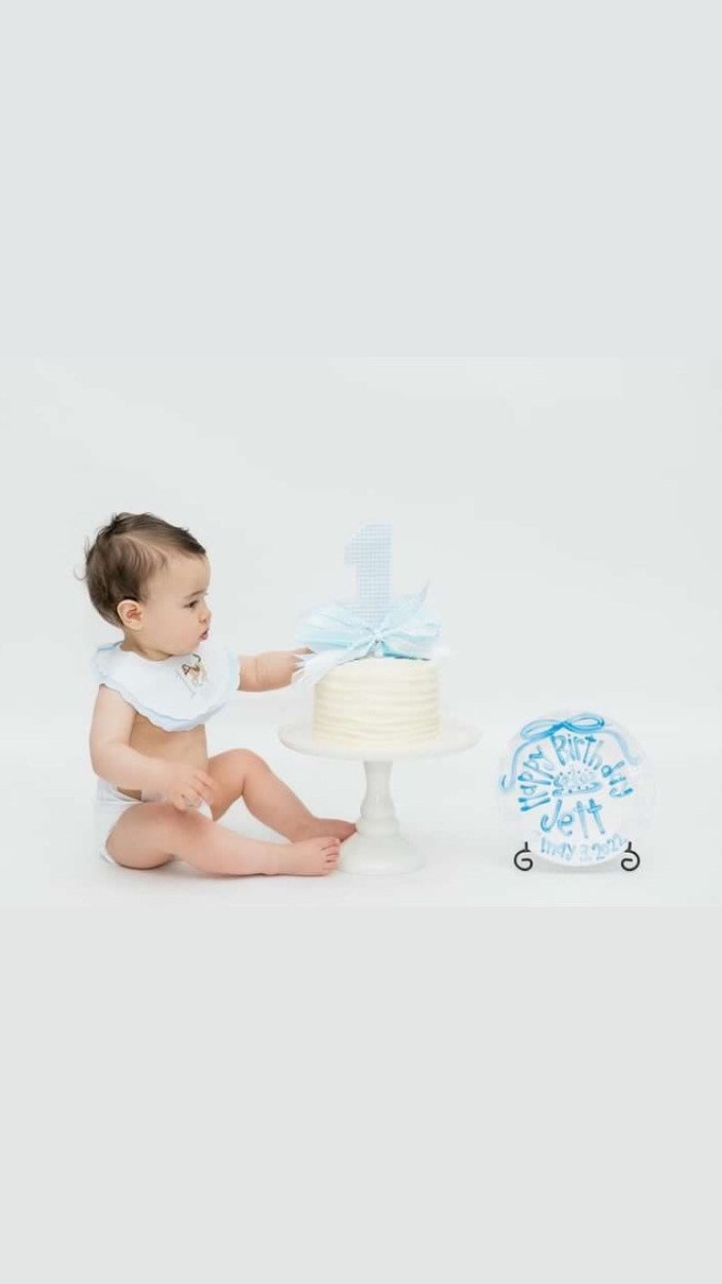 Boys preppy birthday plate // blue gingham and ribbon // first birthday // blue and white // smash cake // 1st birthday // grand millennial image 2