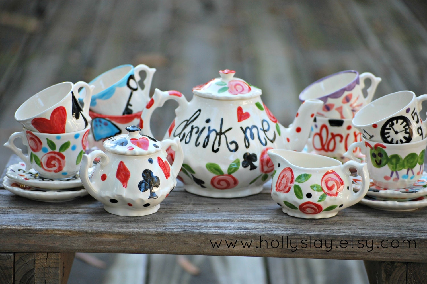 Alice in Wonderland Teacup and Saucer Set, 8 Ounces. Green, Blue or Pink  for Your Mad Hatter Tea Party 