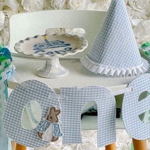 Personalized Cake Stand // boys First Birthday or Smash Cake Stand // grand millennial// preppy // blue white // gingham