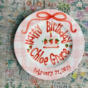 Personalized Strawberry Birthday Plate: Hand-Painted Ceramic, Pink Gingham